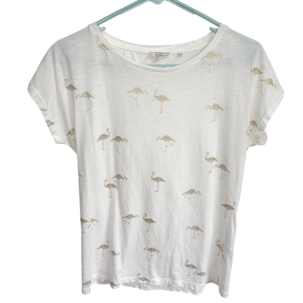 Fat Face Flamingo Tee Med 6 Tropical Gold Metallic White Slub‎ Cotton Modal Top